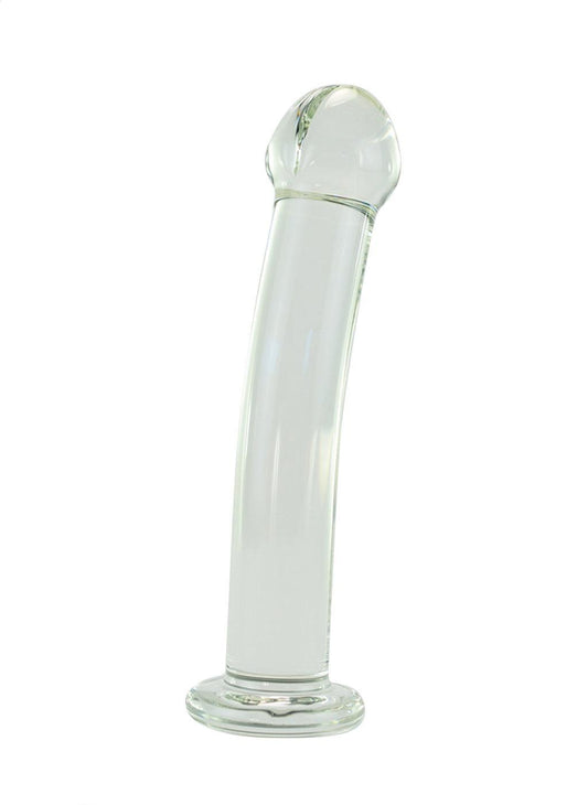 The Strapon Compatible Clear Glass Dildo is shown against a blank background.
