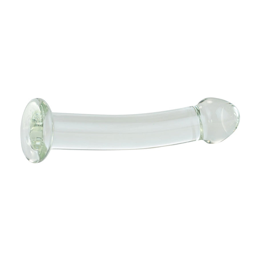 The Strapon Compatible Clear Glass Dildo is shown against a blank background.