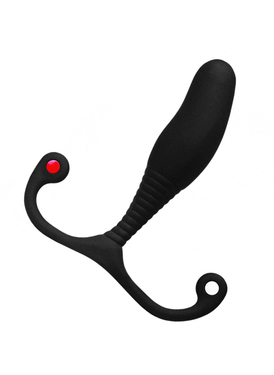 The Aneros Mgx Syn Trident Prostate Massager is shown against a blank background. The toy is black, and the neck of the toy has ridges.