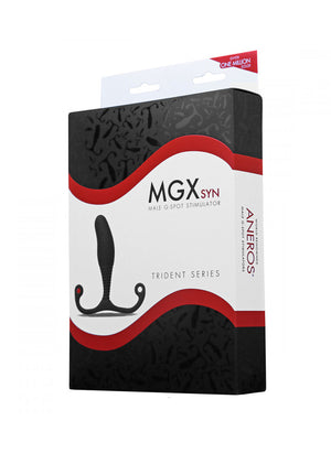 The packaging for the Aneros Mgx Syn Trident Prostate Massager is shown against a blank background.