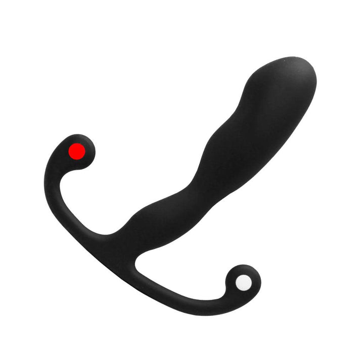 The Aneros Helix Syn Trident Prostate Massager is shown against a blank background. The toy is black with bumps and thin arms on the base.