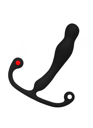 The Aneros Eupho Syn Trident Prostate Massager is shown against a blank background. The toy is black and slender, with two small bumps near the tip. 