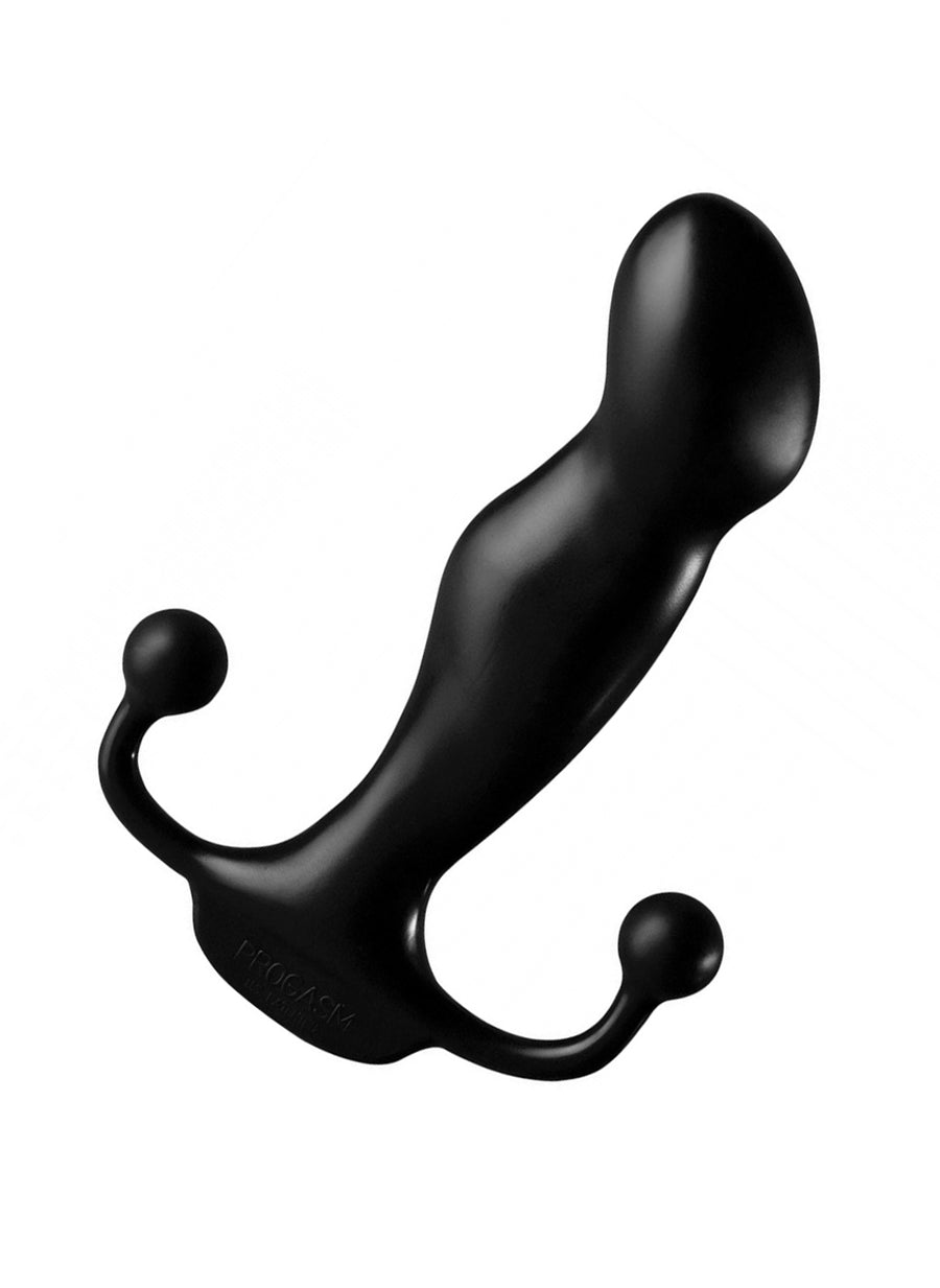 The Aneros Progasm Prostate Massager is shown against a blank background. The toy is black and has a pronounced, blunt head with a bump underneath it.