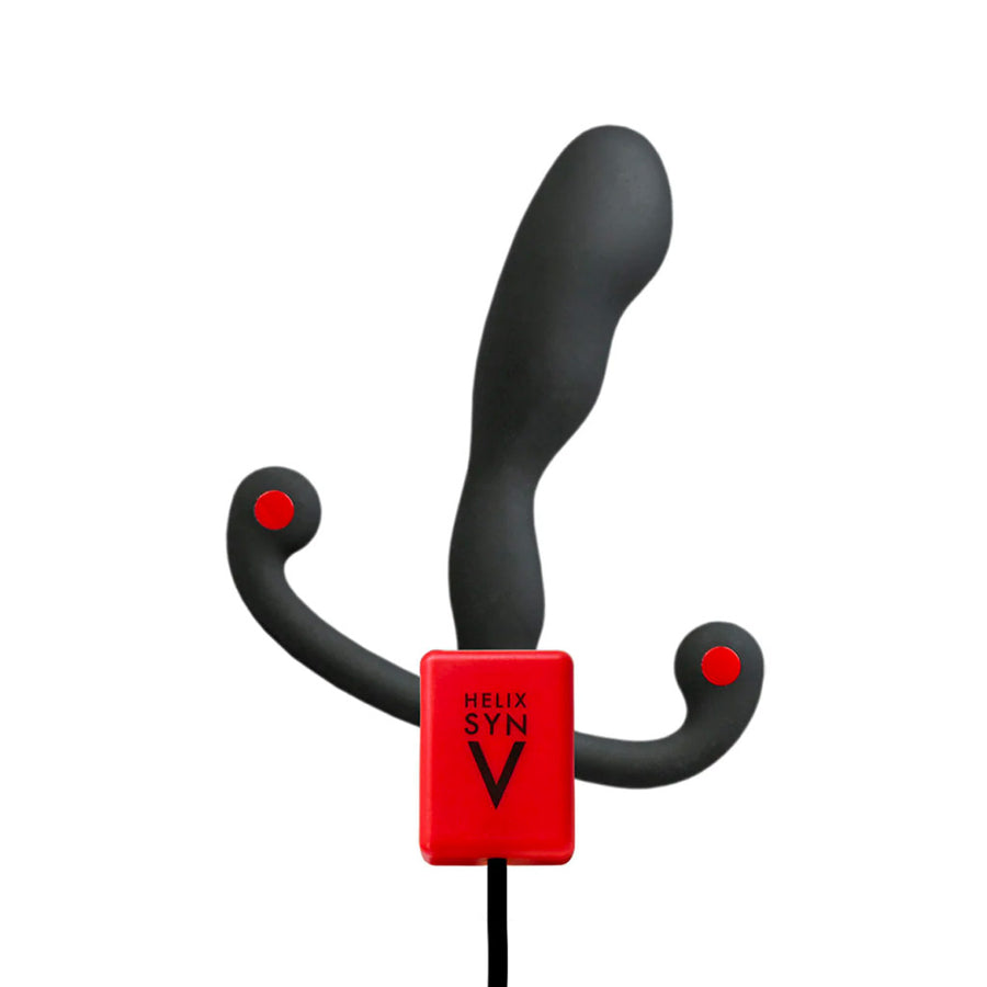 The Aneros Helix Syn V Vibrating Prostate Massager is shown charging against a blank background.