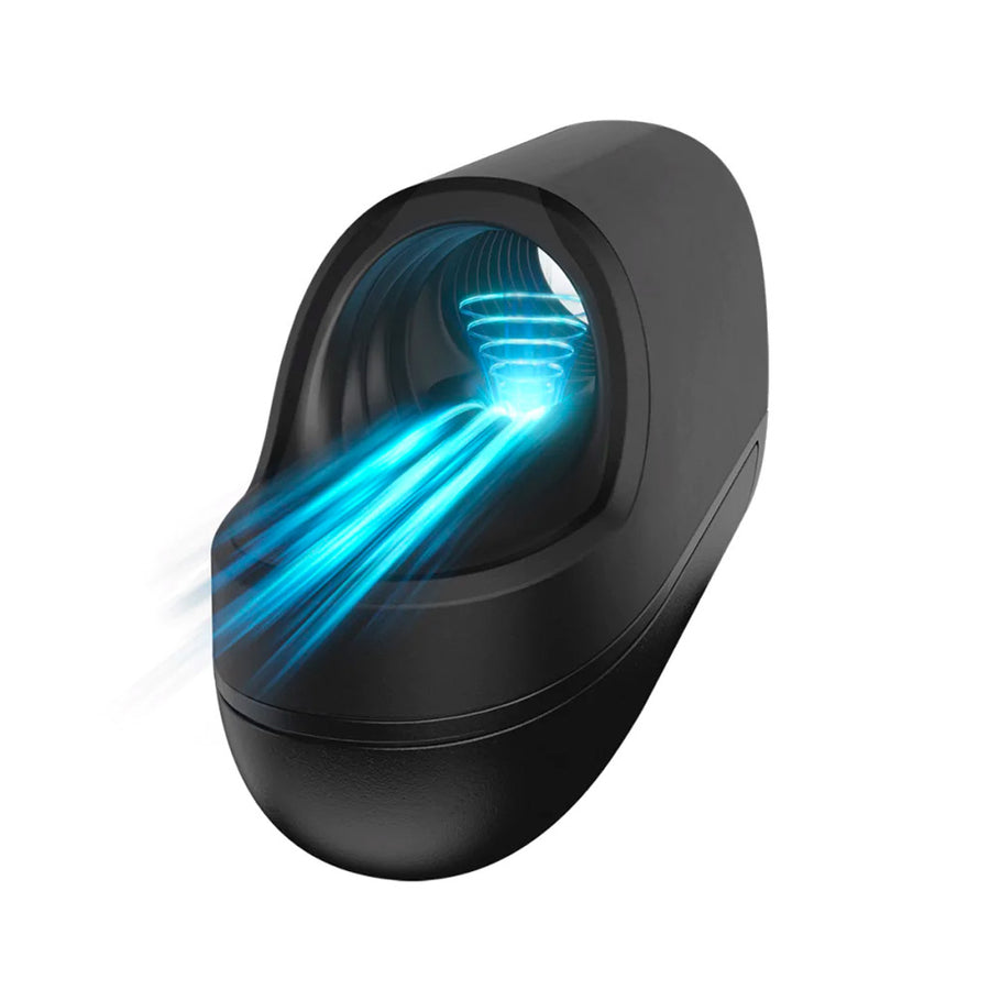 The Arcwave Ion Pleasure Air Masturbator is shown against a blank background. The toy is matte black and ring shaped, and is shown with a blue light beam shooting outwards and upwards inside of the ring.
