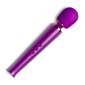 A Le Wand Petite Rechargeable Vibrating Massager in Dark Cherry is shown against a blank background. It has a long handle with 3 buttons, and a small, thin neck which is attached to the head of the vibrator.