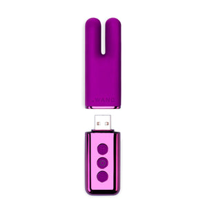 A Dark Cherry Le Wand Chrome Deux Bullet Vibrator is shown against a blank background. The top of the vibrator is disconnected from its charger, shown beneath it.