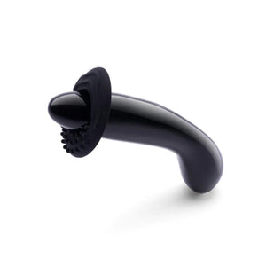 A Le Wand Crystal G Wand made of Black Obsidian is shown against a blank background. The toy has a textured sleeve made of black silicone placed on it for external stimulation.