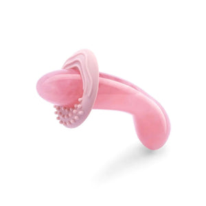 A Le Wand Crystal G Wand made of Rose Quartz is shown against a blank background. The toy has a textured sleeve made of pink silicone placed on it for external stimulation.