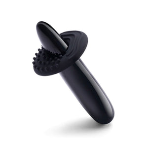 A Le Wand Crystal Slim Wand made of Black Obsidian is shown against a blank background. The toy has a textured sleeve made of black silicone on it for external stimulation.