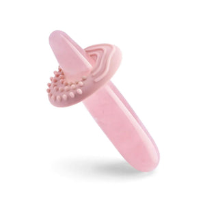 A Le Wand Crystal Slim Wand made of Rose Quartz is shown against a blank background. The toy has a textured sleeve made of pink silicone on it for external stimulation.