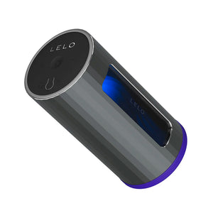 The Lelo F1S V2X Vibrating Masturbator in blue is shown against a blank background from the other end. The top is dark grey with the Lelo logo on it and has three buttons.