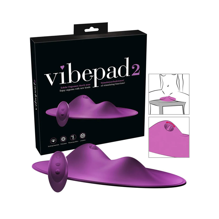 The Vibepad 2 Remote Controlled Grinding Vibrator Pad is shown against a blank background with it's packaging. An illustration is also shown of a woman sitting on the Vibepad on a chair, and another shows the tongue portion with a back-and-forth arrow.