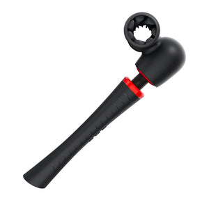 The Man Wand Xtreme Vibrating Penis Masturbator is shown against a blank background. It is a wand style vibrator with a hollow, textured cylindrical portion attached to the head of the wand. The toy is black with red accents.