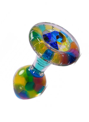 The Funfetti Butt Plug With Crystal Base is shown in Aurora Borealis against a clear background. The plug has a kaleidoscopic array of colors and a large crystal on the base.