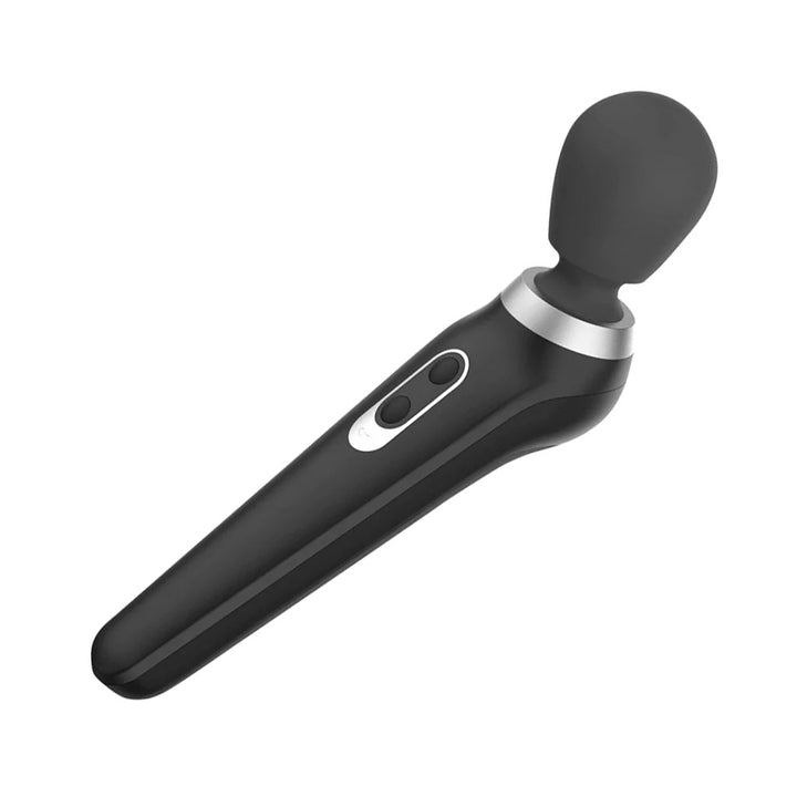 The Palmpower Extreme Rechargeable Wand Massager is shown against a blank background. It is a wand style toy, but the head of the wand is angled upwards. The vibrator is black with silver metallic accents.