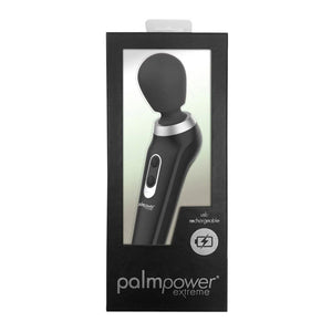 The Palmpower Extreme Rechargeable Wand Massager is shown in its box packaging against a blank background. The box notes that the vibrator is USB rechargeable.