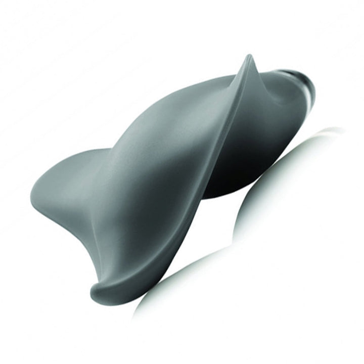 The Clandestine Mimic Plus Massager External Vibrator in Stealth Grey is shown against a blank background. The toy is shaped like a curved tongue with two wavy wings on the sides.