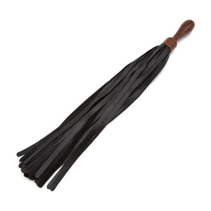 The Sissoo Rosewood Short Round Handle Leather Flogger is shown on a white background. The BDSM impact play toy features leather falls and a wooden round handle.