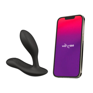 The We-Vibe Vector+ Vibrating Prostate Massager is shown next to a cell phone with the We Connect app displayed on a white background.