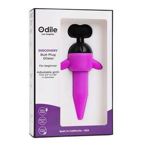 An image of the Odile Discovery Butt Plug Dilator in Magenta on a plain white background. It is shown inside of the packaging box.