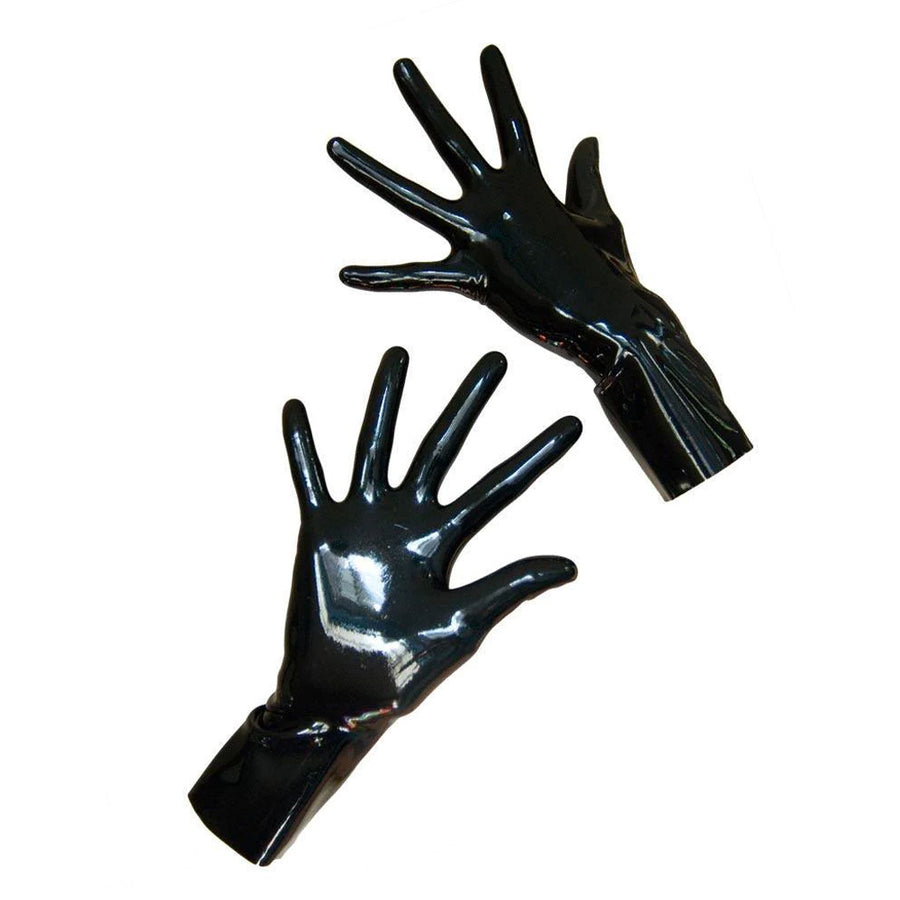 An image of the Molded Latex Wrist Length Gloves in black latex by Fetisso on a plain white background.