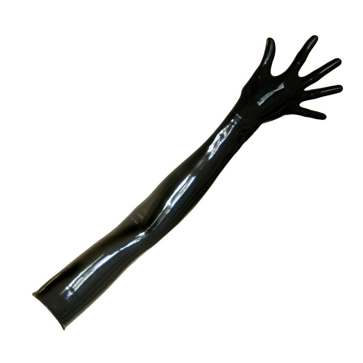 An image of the Molded Latex Opera Length Gloves in black latex by Fetisso on a plain white background.