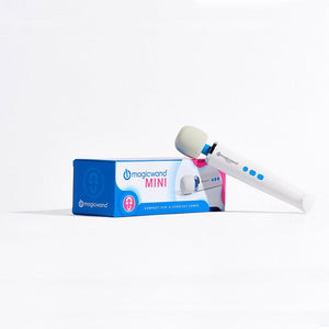 An image of the Magic Wand Mini Massager Personal Wand Vibrator on a plain white background. It is displayed next to the packaging box.