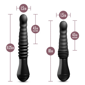 An image that shows two of the Temptasia Lazarus Thrusting Rechargeable Vibrating Dildo in Black by Blush Novelties to display the thrusting and insertable length of the vibrator.