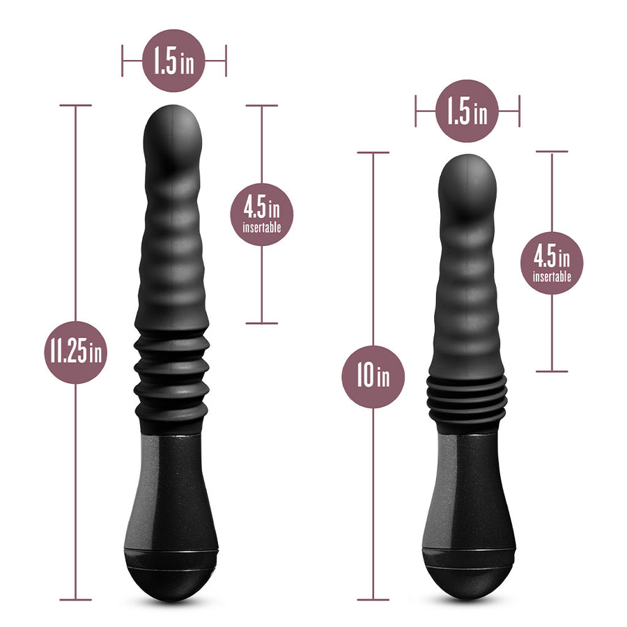 An image that shows two of the Temptasia Lazarus Thrusting Rechargeable Vibrating Dildo in Black by Blush Novelties to display the thrusting and insertable length of the vibrator.