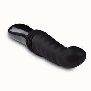 An image of the Temptasia Lazarus Thrusting Rechargeable Vibrating Dildo in Black by Blush Novelties on a plain white background.