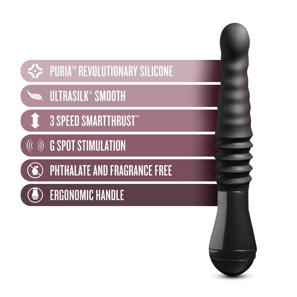 An image of the Temptasia Lazarus Thrusting Rechargeable Vibrating Dildo in Black by Blush Novelties on a plain white background. It is displayed next to the features of the vibrator.