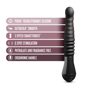 An image of the Temptasia Lazarus Thrusting Rechargeable Vibrating Dildo in Black by Blush Novelties on a plain white background. It is displayed next to the features of the vibrator.
