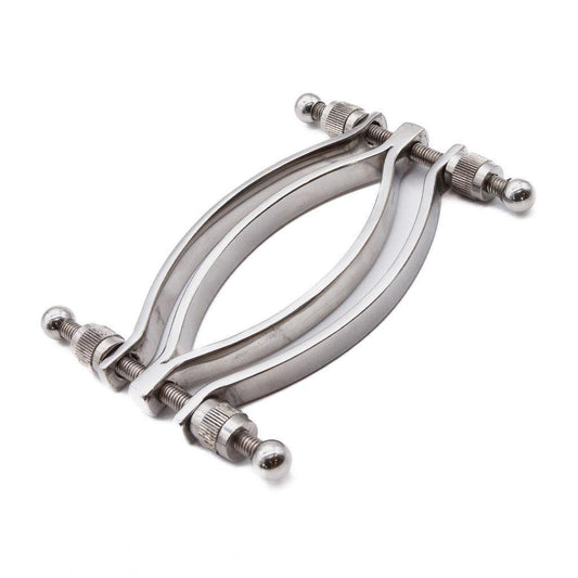 An image of the Stainless Steel Adjustable Pussy Clamp on a plain white background. It is a medical instrument used for sensation play and bondage scenes.