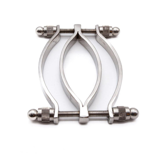 An image of the Stainless Steel Adjustable Pussy Clamp on a plain white background. It is a medical instrument used for sensation play and bondage scenes.