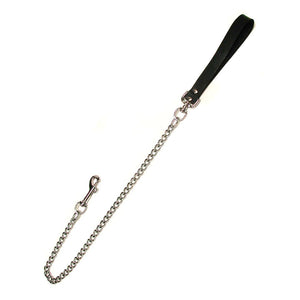 The Chain Leash With Leather Handle is displayed against a blank background. The body of the leash is made of silver metal chain link, and the handle is black leather.