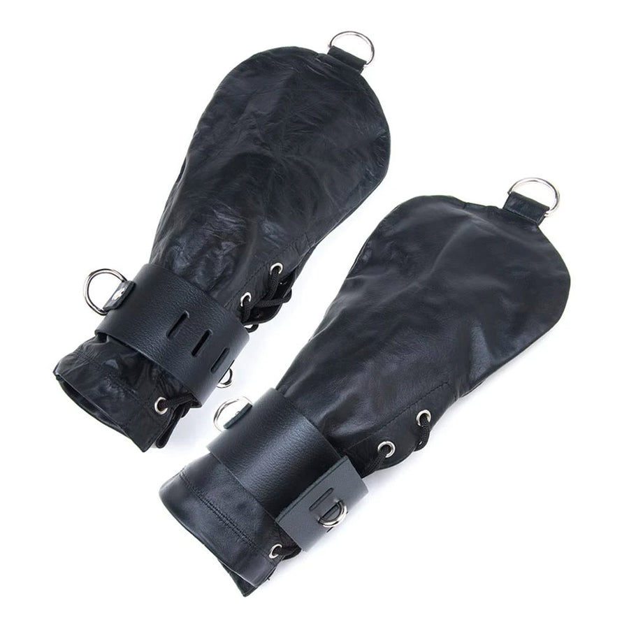 The Black Leather Bondage Mittens are shown against a blank background. The mittens have silver laced-up grommets on the side from the wrist to mid-hand.