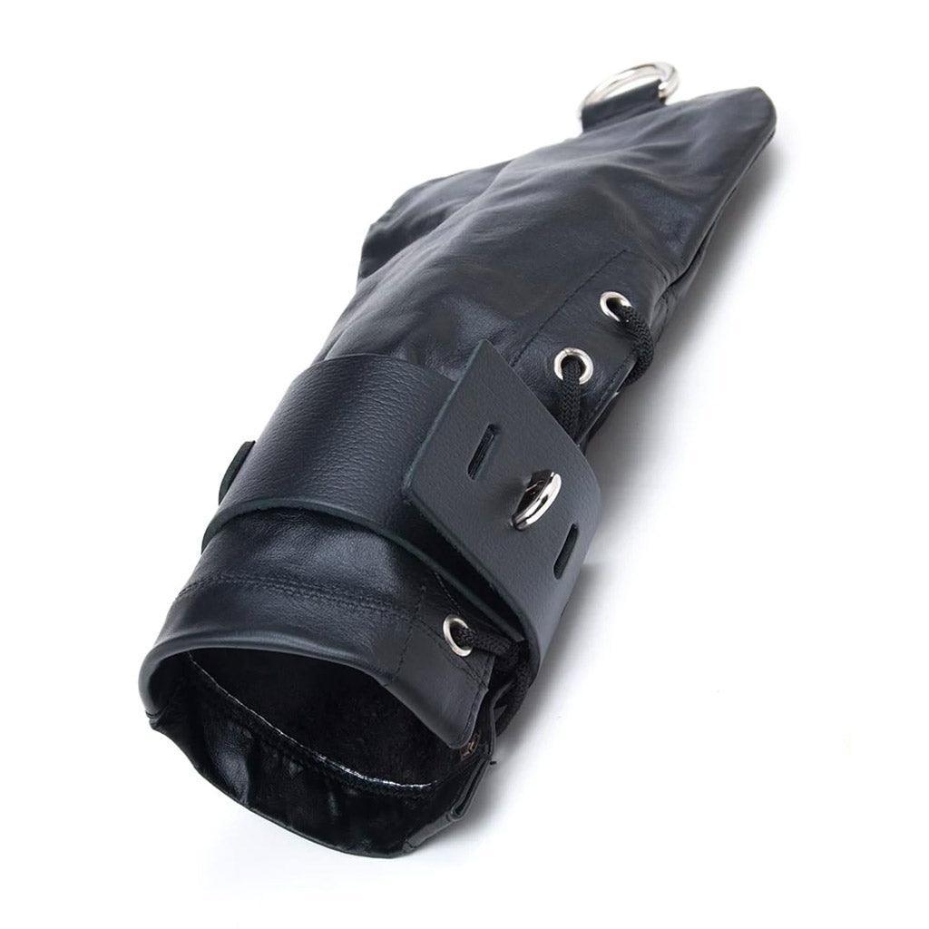 One Black Leather Bondage Mitten is shown against a blank background.