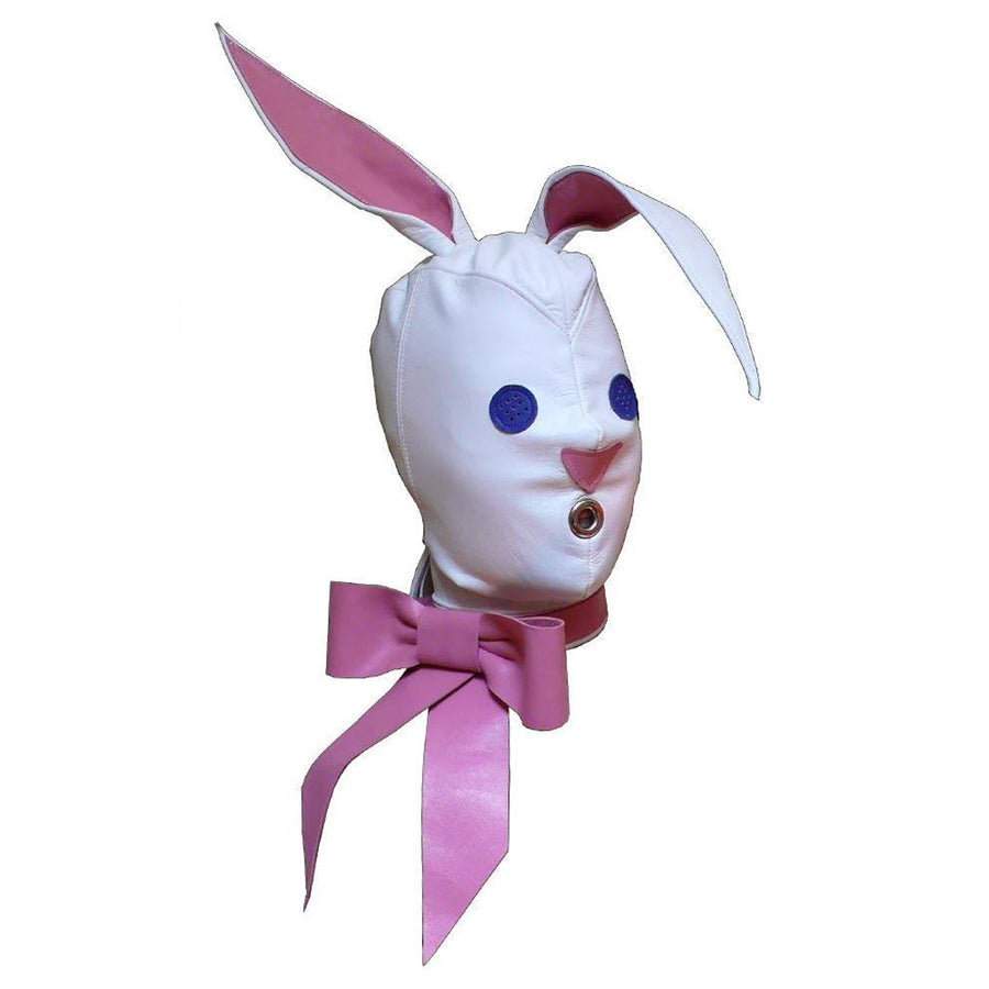 The white Leather Bunny Hood is displayed against a blank background. The small mouth opening is a metal circle. The bunny ears are lined with pink leather on the inside. One ear stands up straight and the other folds over.