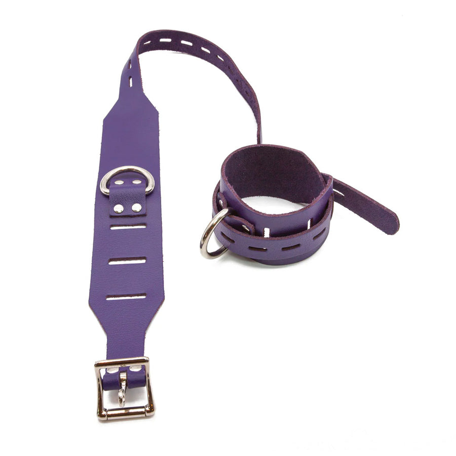 A pair of purple Locking/Buckling Leather Bondage Restraints are displayed against a blank background. 
