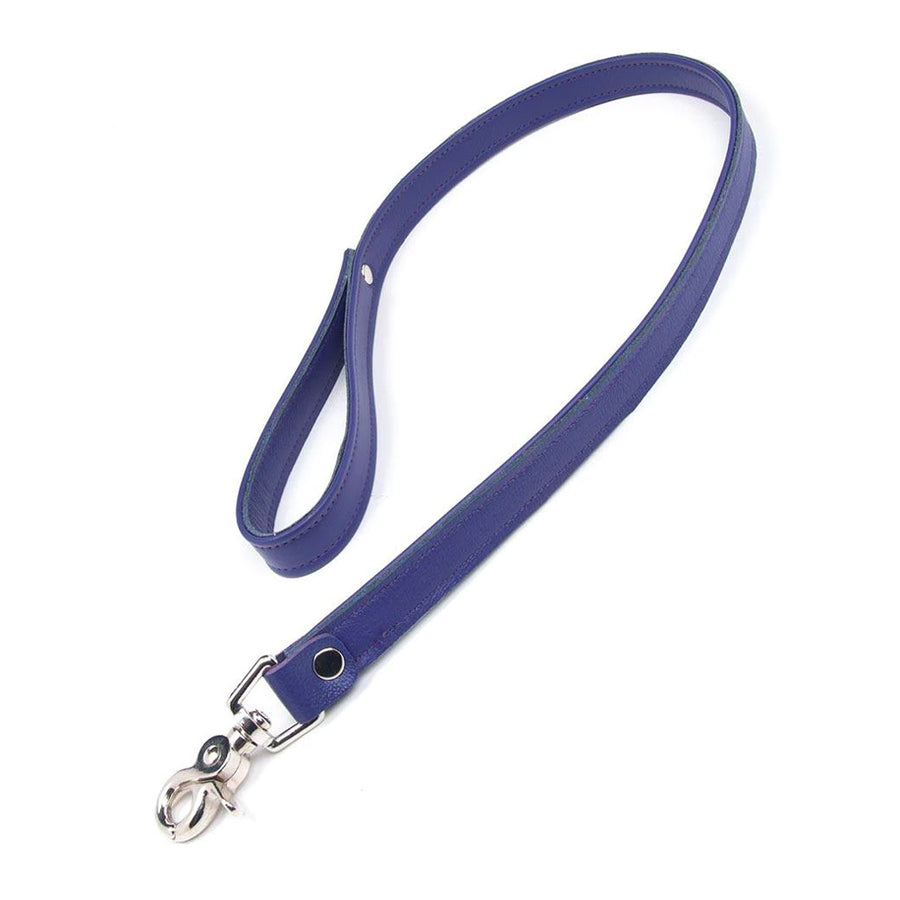 The purple BDSM 2.5' Premium Garment Leather Leash is shown against a blank background. The leash is made of a strip of purple garment leather looped into a handle on one end and with a metal snap hook on the other.