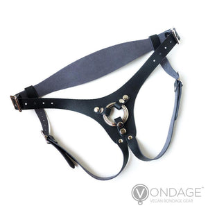 The Vondage Strapon Dildo Harness is shown against a blank background. The harness resembles a jockstrap. It is black with metal hardware, including hip and leg strap buckles and O-rings.