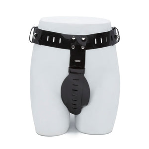 A Stockroom Black PVC Deluxe Female Chastity Belt is displayed on the lower half of a mannequin.