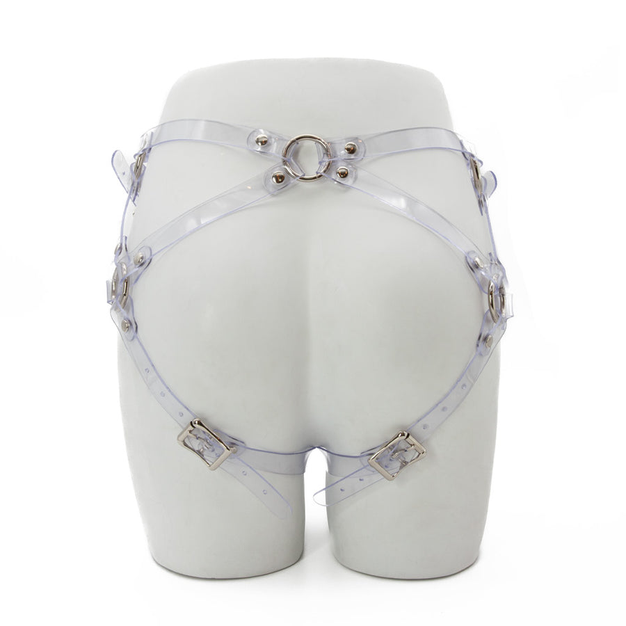 The Clear Ctrl Strapon Harness made by The Stockroom is shown from the back displayed on the lower half of a mannequin.