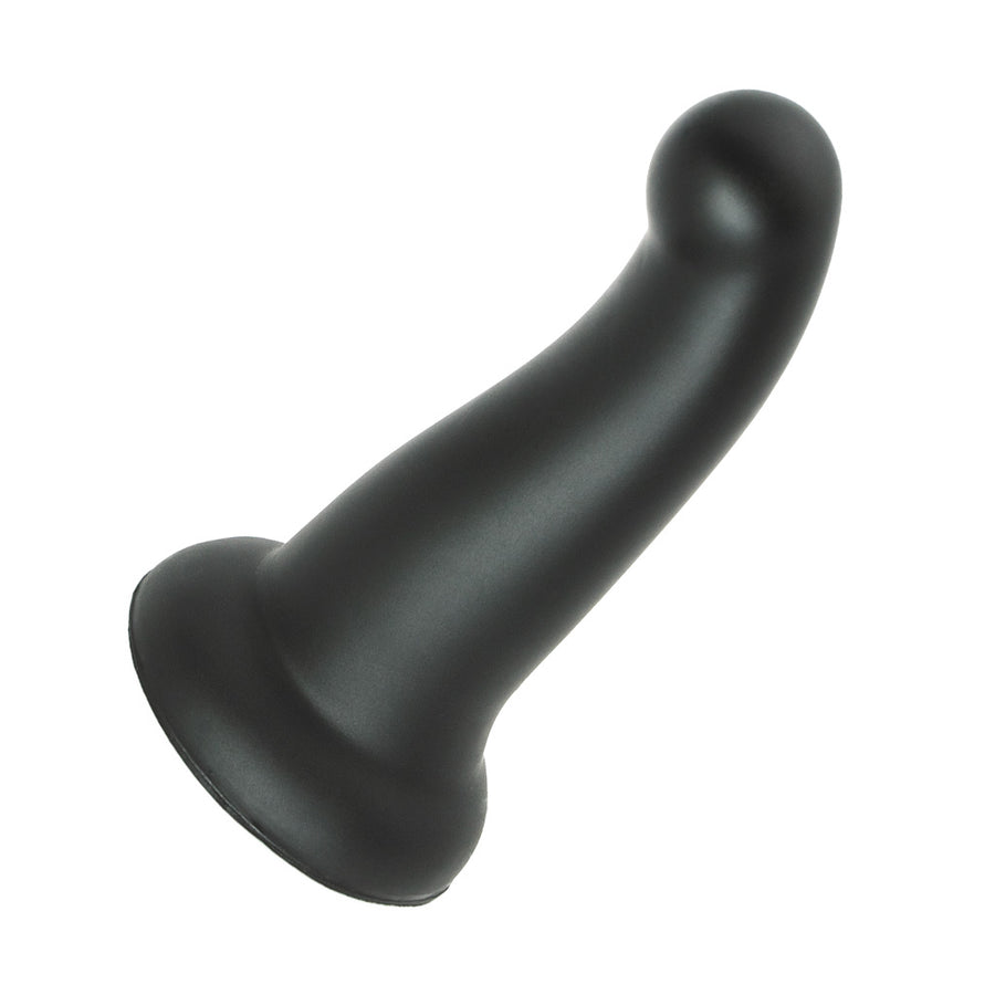 The KinkLab Ebb & Flow Silicone Dildo in Black is shown against a blank background. The dildo is tapered and is curved at the top with a pronounced tip. The base of the toy is wide. 
