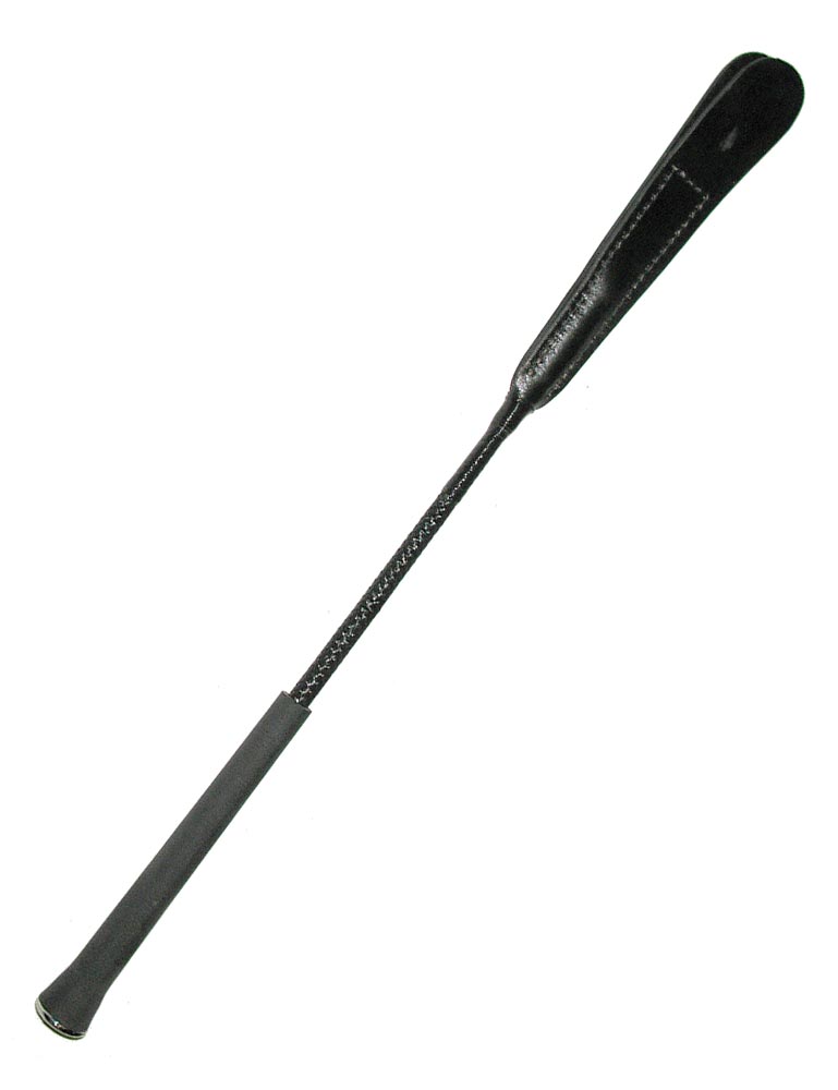 The Slapper Crop is displayed against a blank background. It is made of a black rubber handle, a short black nylon rod, and two long pieces of black leather attached at the top.