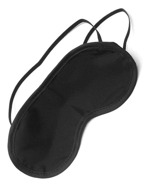 Cathy’s Blindfold in black is displayed against a blank background. It is a BDSM blindfold made of shiny black nylon fabric with two thin, black elastic straps.