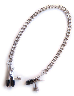 The Adjustable Alligator Nipple Clips are shown against a blank background. The clamps are silver with black vinyl tips, and each has a thumbscrew at the bottom, allowing the pressure to be adjusted. The clamps are attached by a silver chain.