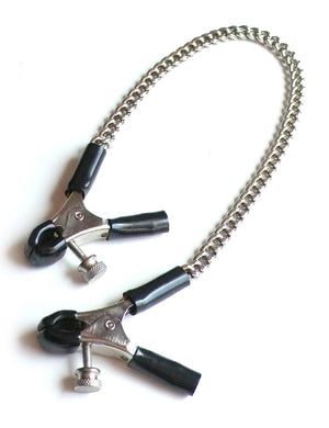 The Adjustable Big Nipple Clamps are displayed against a blank background. They are silver, rubber-tipped clamps with an adjustable screw, connected by a chain.