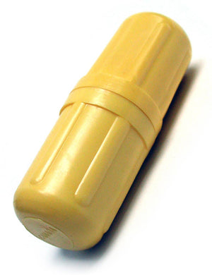 The yellow, plastic, half-cylinder-shaped suction cups from the Snake Bite Kit are displayed against a blank background.